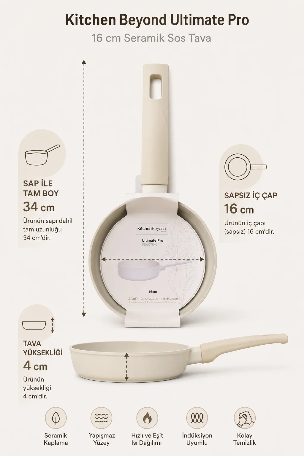 Acar Kitchen Beyond Ultimate Pro  Yapışmaz Seramik Tava 16 cm
