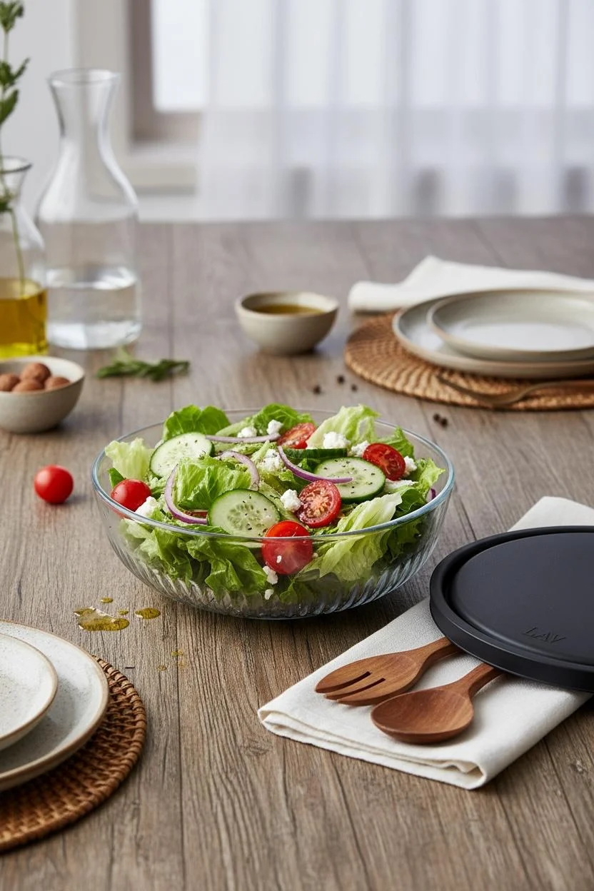Lav Çizgi Detaylı 1500 cc Silikon Kapaklı Cam Salata Kasesi | Saklama ve Sunum Kabı