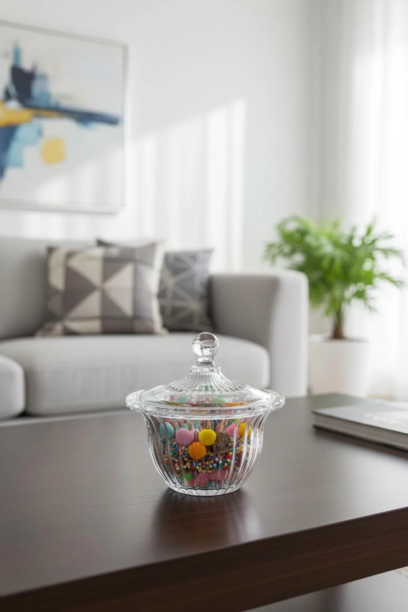 Paşabahçe Glamour Crystal Glass Çizgi Detaylı Cam Şekerlik | Kapaklı Sunumluk