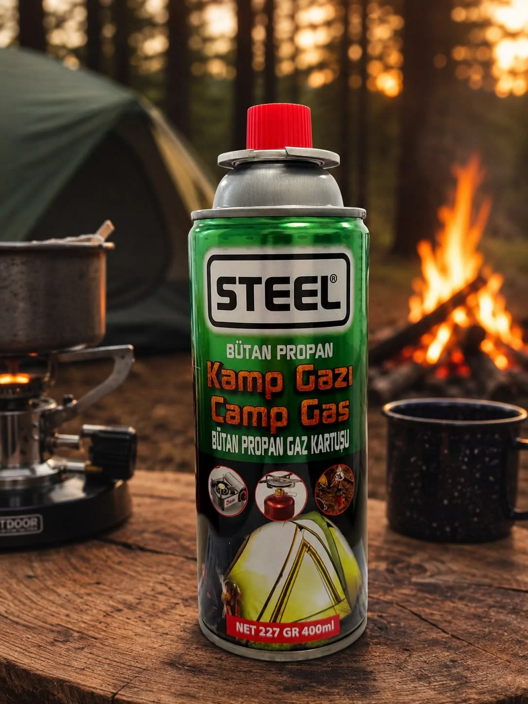 Steel 400 ml Bütan Propan Gaz Karışımı Kamp Gazı | Portatif Ocak Gaz Kartuşu