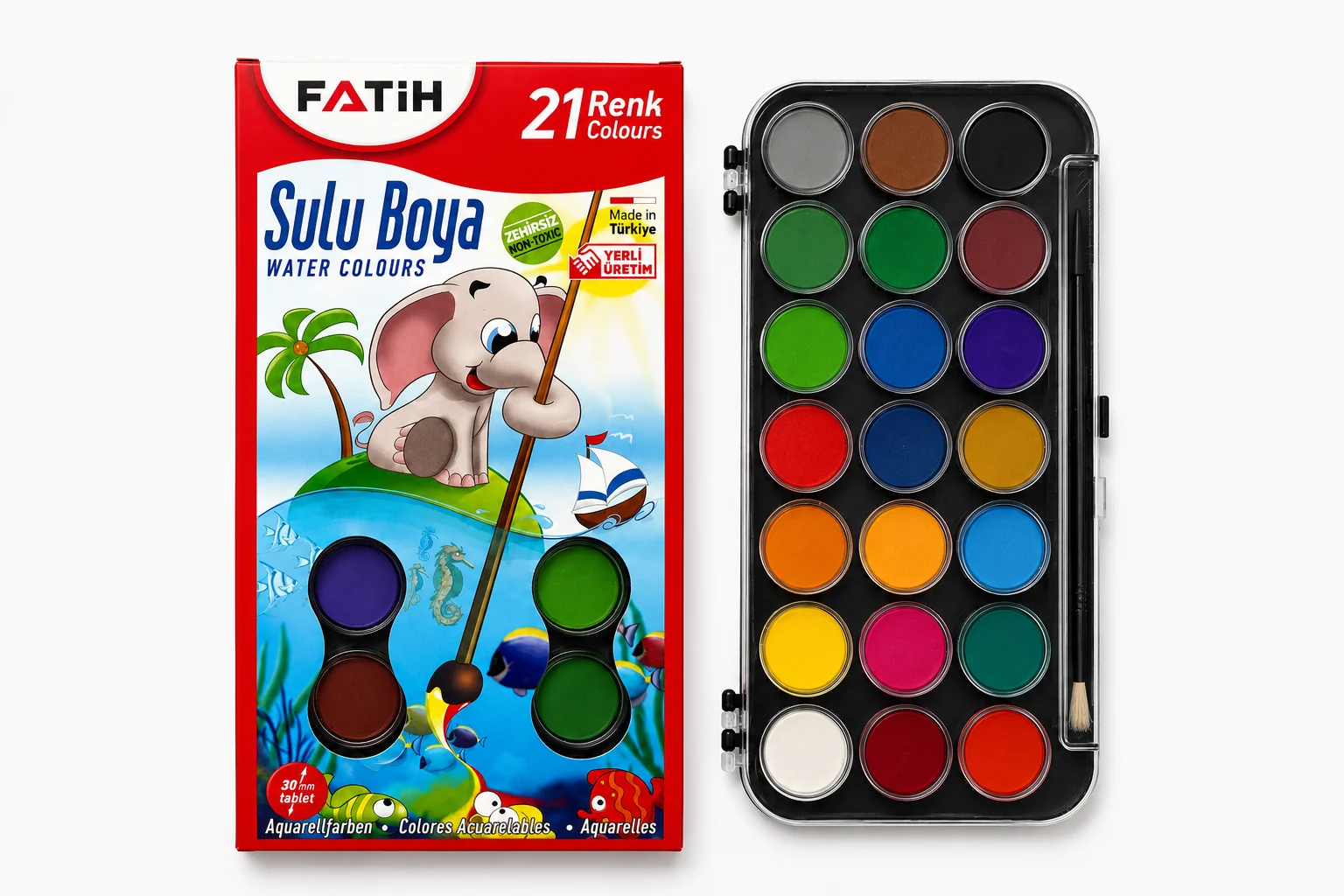 Fatih K-21 21 Renk Sulu Boya 30 mm Büyük Tablet | Fırçalı Suluboya Seti