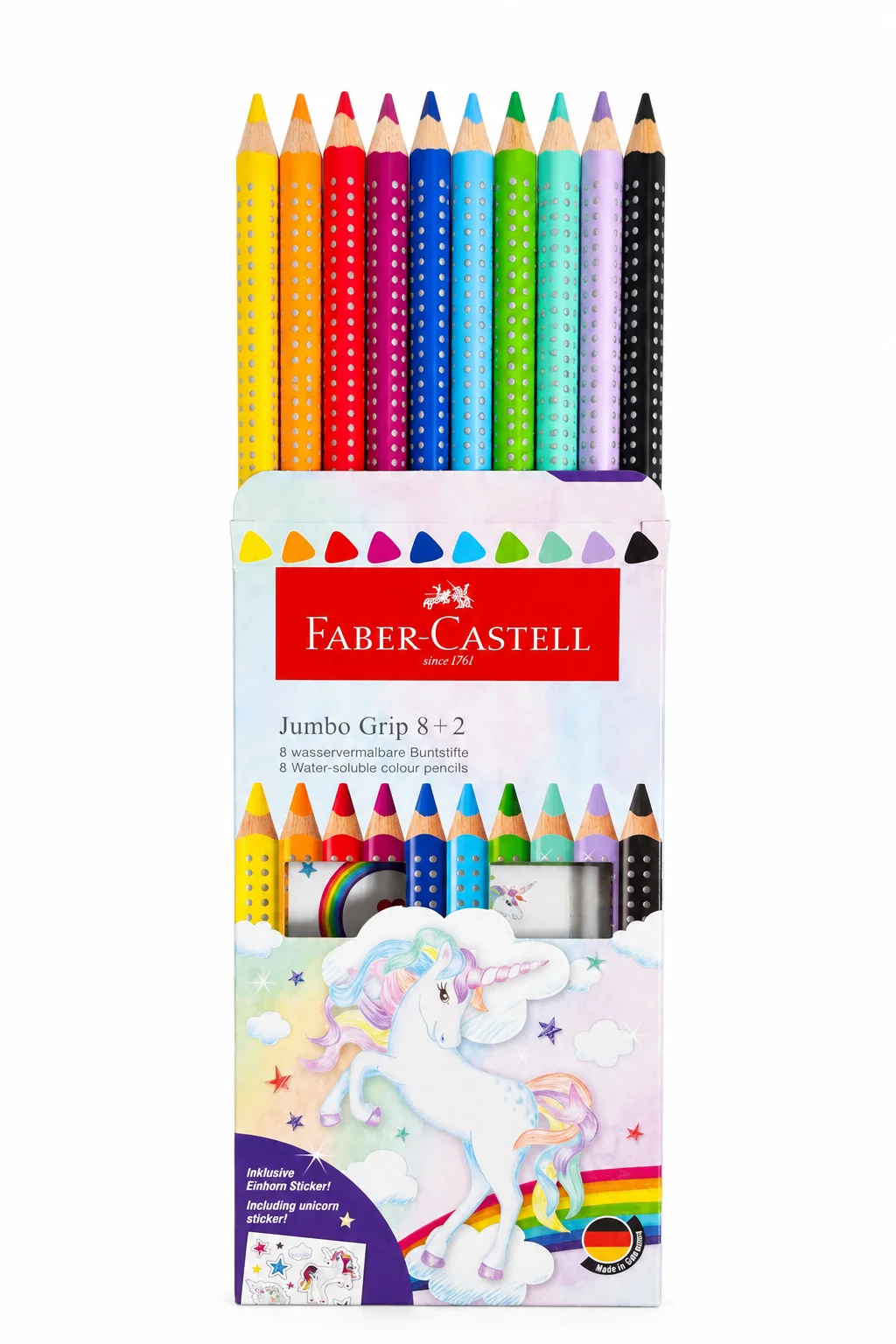 Faber-Castell Unicorn Jumbo Grip 8+2 Üçgen Kuru Boya Kalemi | Unicorn Temalı Renkli Boya Seti