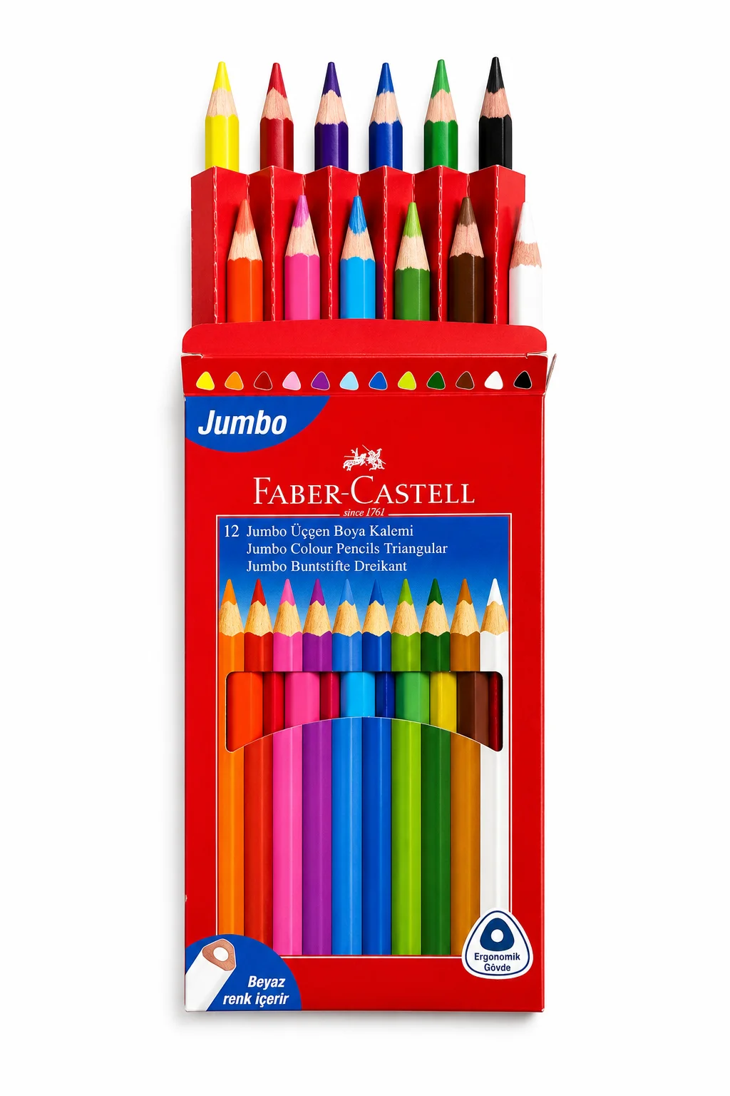 Faber-Castell 12'li Üçgen Jumbo Boya Kalemi | Canlı Renkler Kolay Tutuşlu Kuru Boya Seti