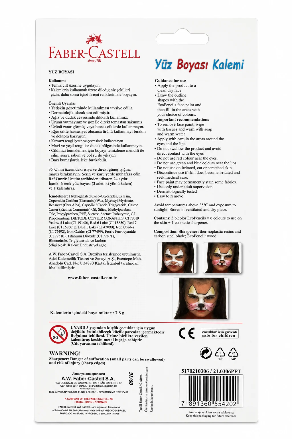 Faber-Castell 3 Yüz Boyası Kalemi 6 Renk | Çocuklar İçin Yüz Boyama Seti