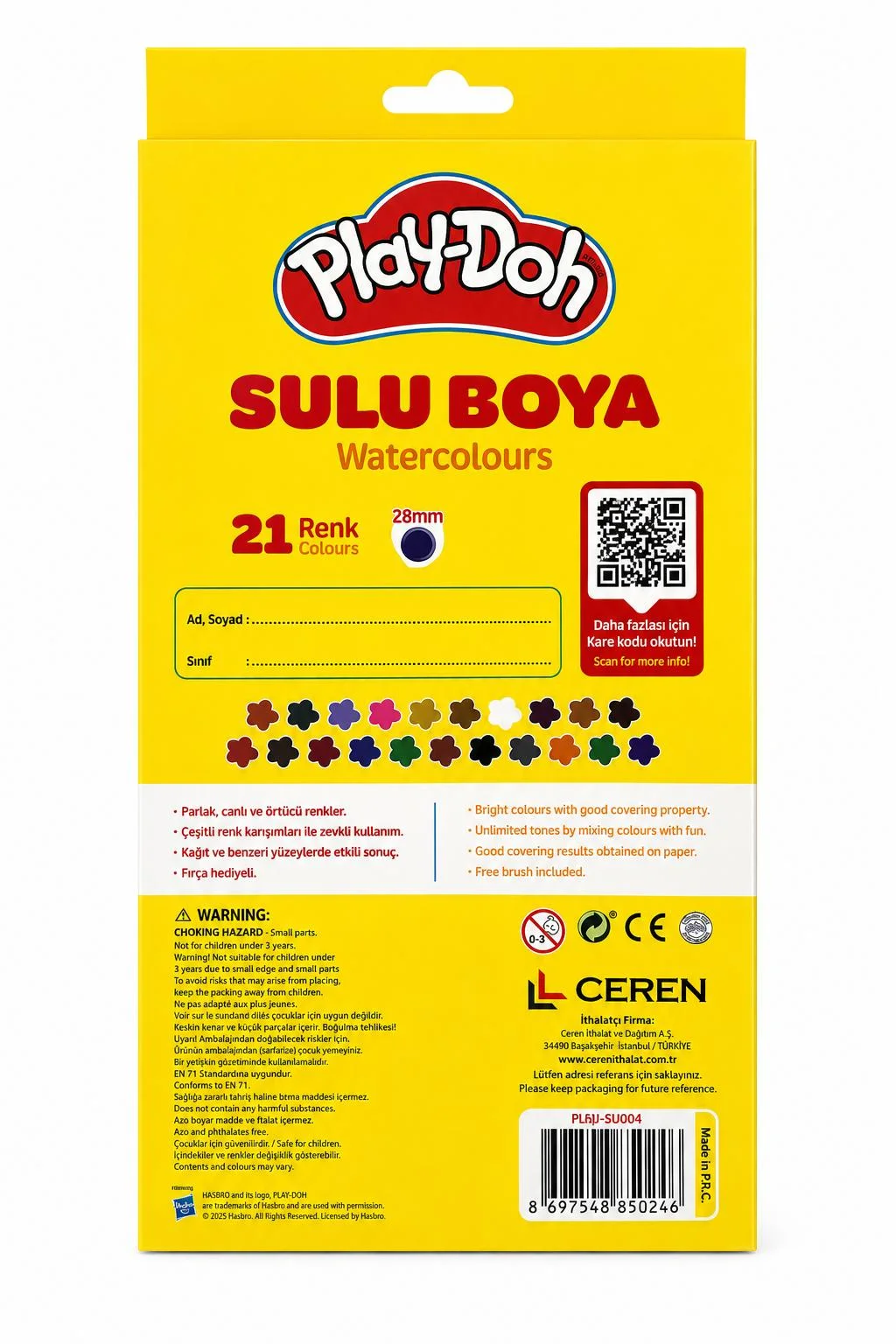 Play-Doh 21 Renk Sulu Boya 28 mm | Canlı Renkler Tablet Sulu Boya Seti