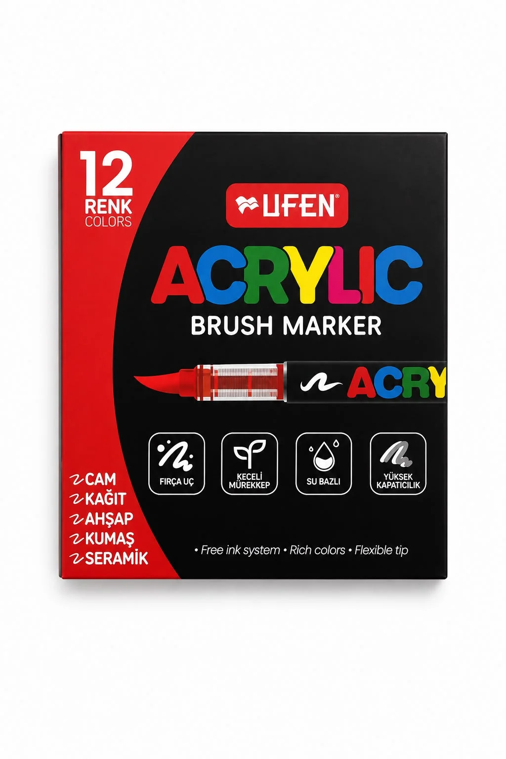 Ufen 12 Renk Acrylic Brush Marker | Su Bazlı Fırça Uçlu Keçeli Kalem Seti