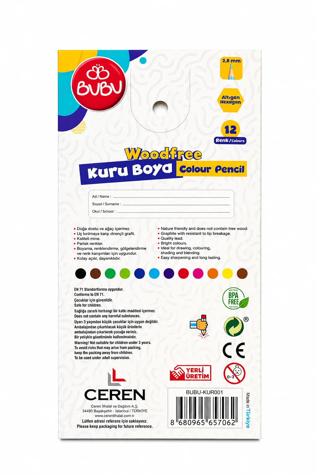 Bubu 12 Renk Woodfree Kuru Boya Kalemi 2,8 mm Uç | Ağaçsız Kuruboya Seti