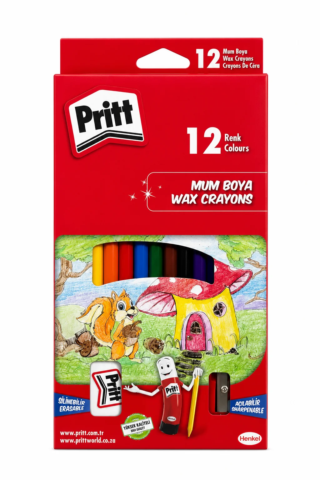 Pritt 12 Renk Mum Boya Kalemtıraş ve Silgi Hediyeli Wax Crayons Seti