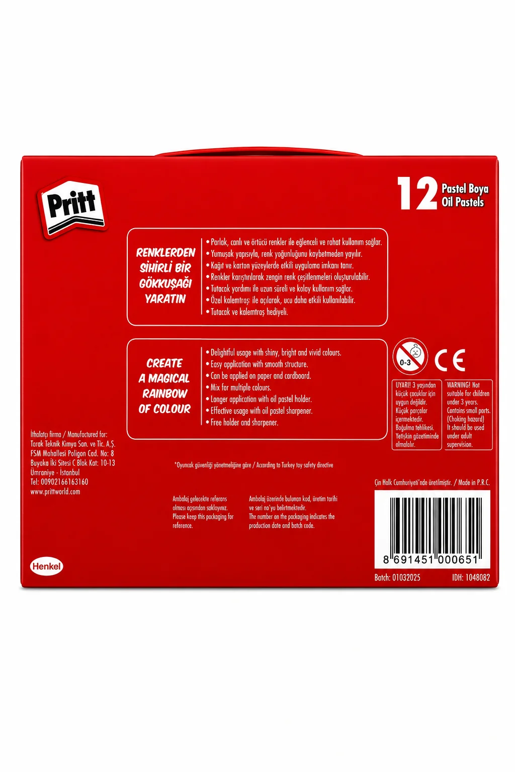 Pritt 12 Renk Çantalı Pastel Boya Seti – Çocuklar İçin Renkli Pastel Boya