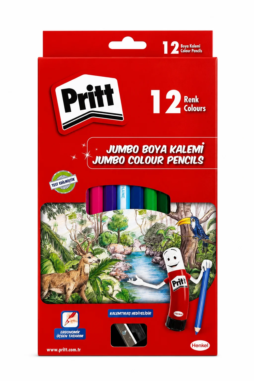 Pritt 12 Renk Jumbo Kuru Boya Kalemi Seti Kalemtıraş Hediyeli – Çocuk Boyama Kalemleri