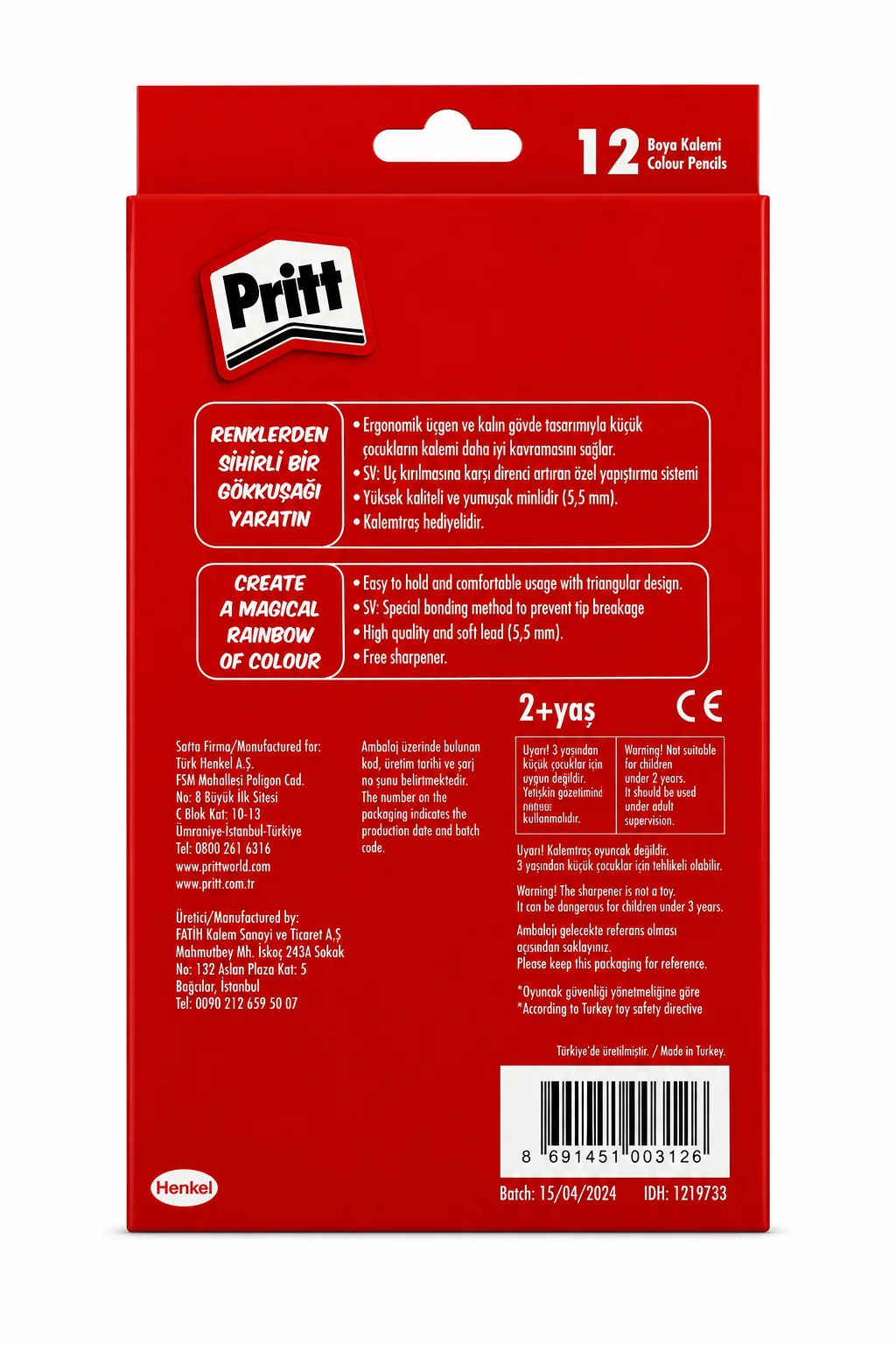 Pritt 12 Renk Jumbo Kuru Boya Kalemi Seti Kalemtıraş Hediyeli – Çocuk Boyama Kalemleri