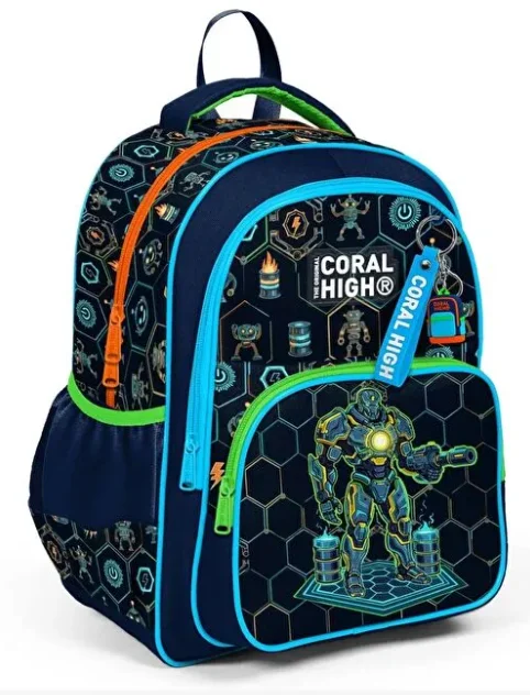 Coral High Kids 33246 Okul Sırt Çantası | Lacivert Robot Desenli 3 Bölmeli