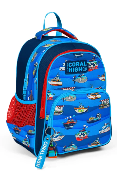 Coral High Kids 14416 Okul Sırt Çantası | Lacivert Mavi Gemi Desenli 3 Bölmeli