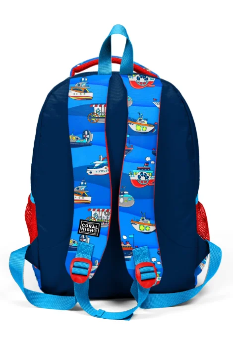 Coral High Kids 14416 Okul Sırt Çantası | Lacivert Mavi Gemi Desenli 3 Bölmeli