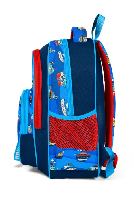 Coral High Kids 14416 Okul Sırt Çantası | Lacivert Mavi Gemi Desenli 3 Bölmeli