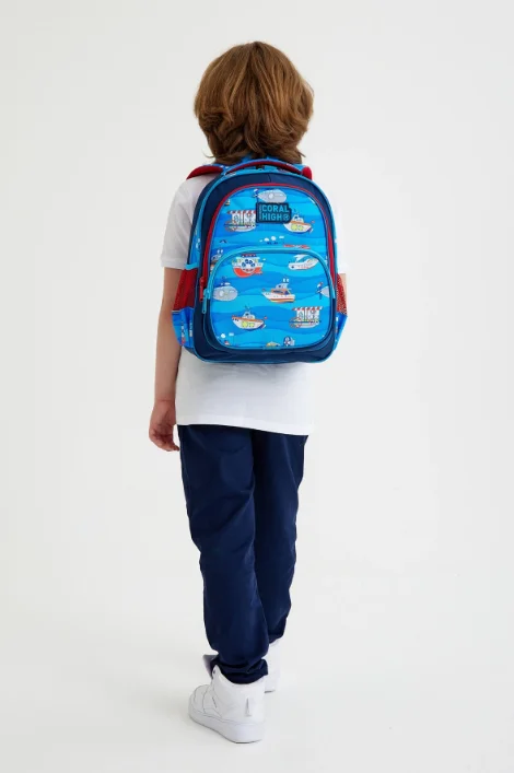 Coral High Kids 14416 Okul Sırt Çantası | Lacivert Mavi Gemi Desenli 3 Bölmeli