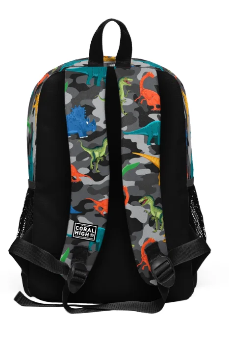 Coral High Kids 23474 Okul Sırt Çantası | Koyu Gri Siyah Kamuflaj Dinozor Desenli 4 Bölmeli