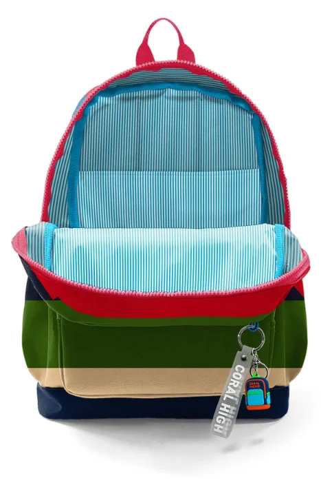 Coral High Kids 33212 Okul Sırt Çantası | Lacivert Sarı Kırmızı Çizgi Desenli