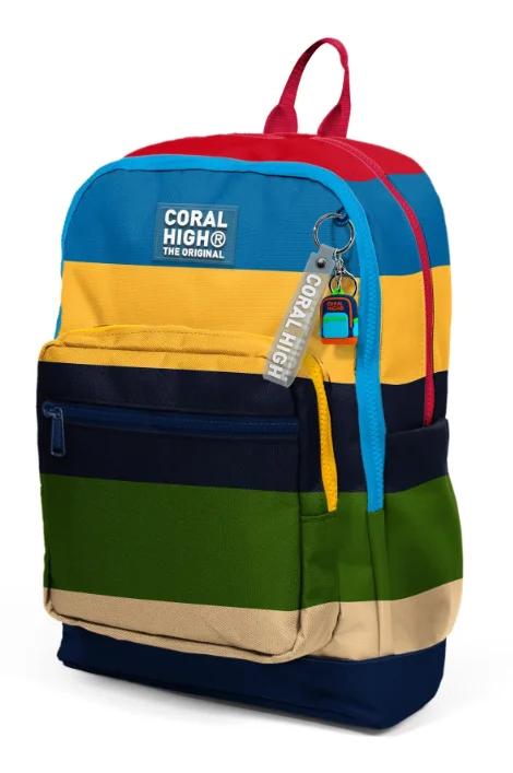 Coral High Kids 33212 Okul Sırt Çantası | Lacivert Sarı Kırmızı Çizgi Desenli