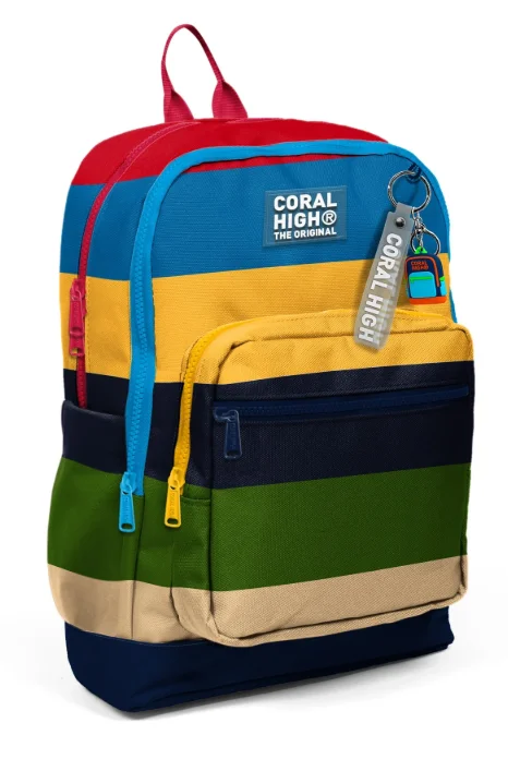 Coral High Kids 33212 Okul Sırt Çantası | Lacivert Sarı Kırmızı Çizgi Desenli