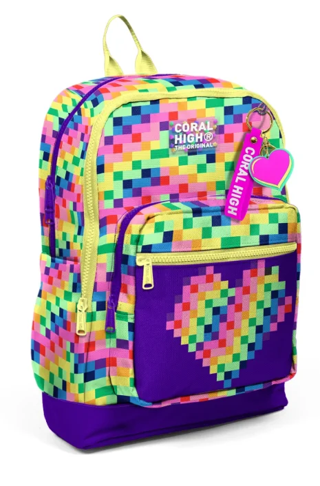 Coral High Kids 33208 Okul Sırt Çantası | Çok Renkli Piksel Kalp Desenli