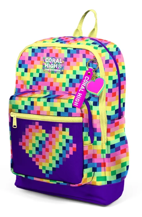 Coral High Kids 33208 Okul Sırt Çantası | Çok Renkli Piksel Kalp Desenli