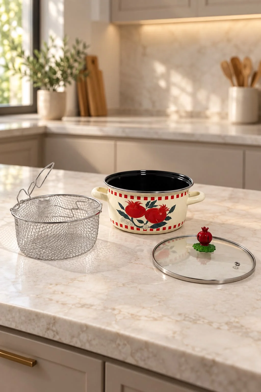Arow Pomegranate Pot Nar Detaylı 22 cm Emaye Kızartma Tenceresi | Emaye Tencere